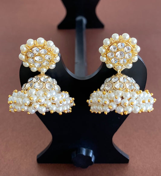 Gold tone precious white stone pearl jhumkka dj-53223