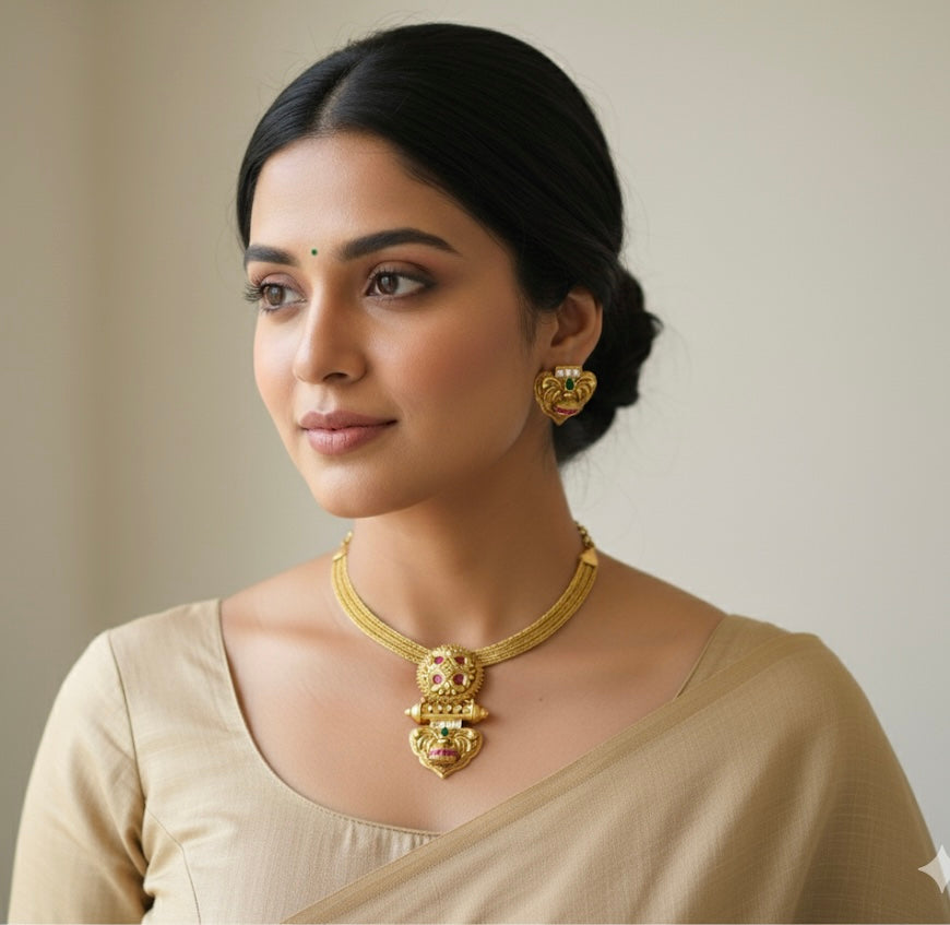 Antique gold tone pink-green-white jadau necklace set dj-50239