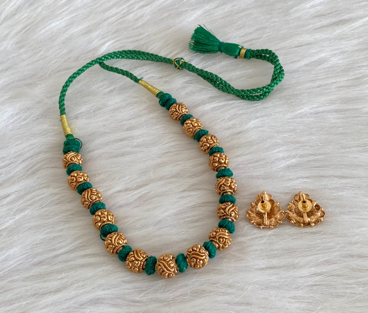 Antique gold tone green thread nakshi beaded necklace set dj-54953