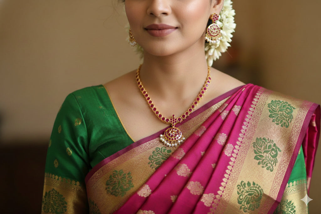 Gold tone ruby south Indian style attigai/necklace set dj-28351