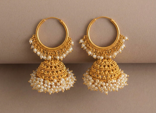 Antique gold tone pearl cluster hoop jhumkka-dj07090