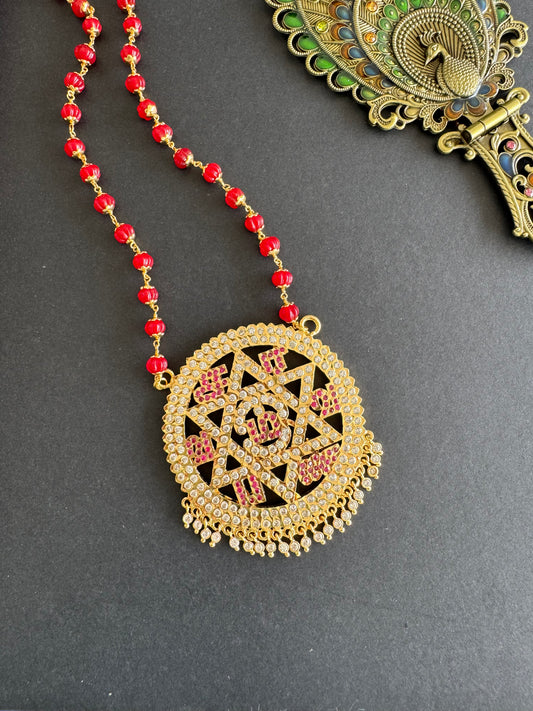 Gold tone maroon beaded chain with Tamil “Om Saravana Bhava” pendant dj-52227
