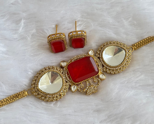 Antique gold tone cz big stone white-red choker necklace set dj-51082