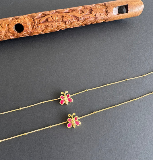 Gold tone pink butterfly kundan jadau anklets dj-51408