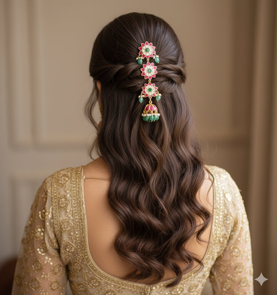 Gold tone pink-green kundan jadau flower hair jewel dj-52374