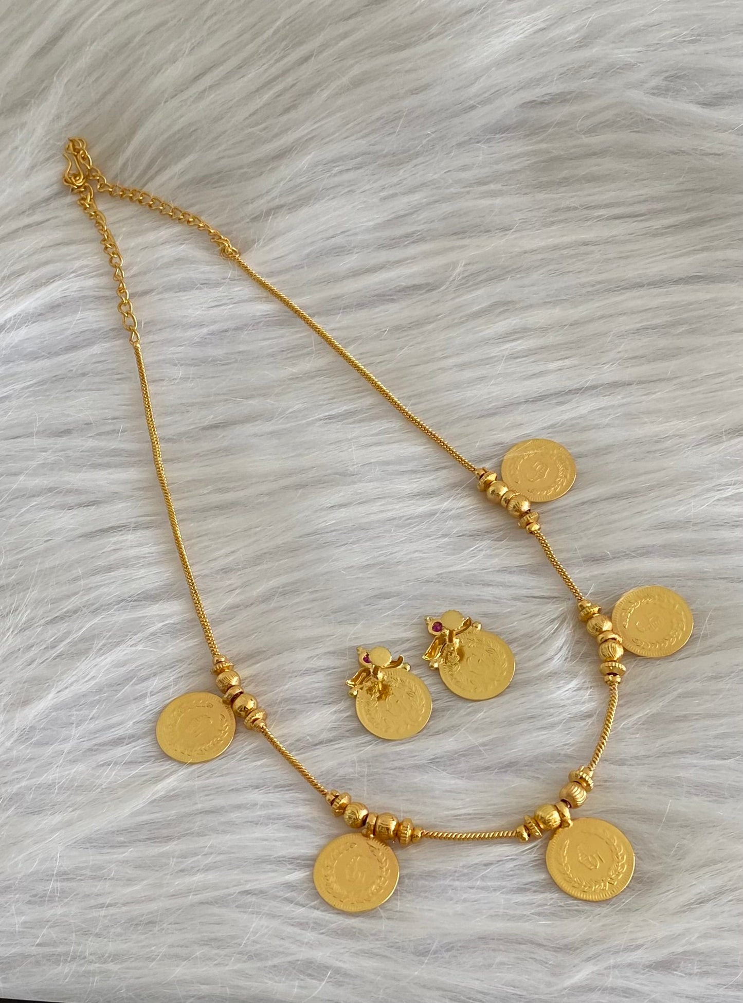 Gold tone pink stone lakshmi coin necklace set dj-54143