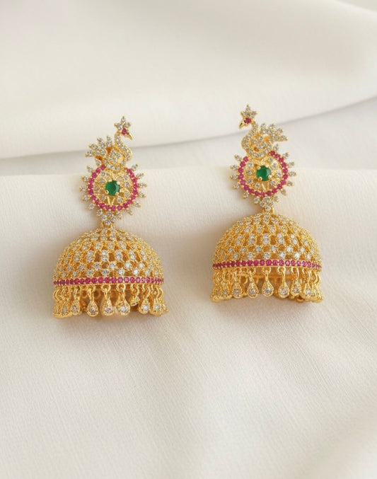 Gold tone Cz Ruby-emerald Peacock Big Jhumkka-dj17149