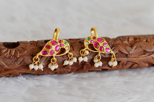 Gold tone pink-green-white kundan jadau peacock bugadi earrings dj-52477