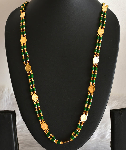 Gold tone 30 inches green beaded Lakshmi coin chain dj-51838