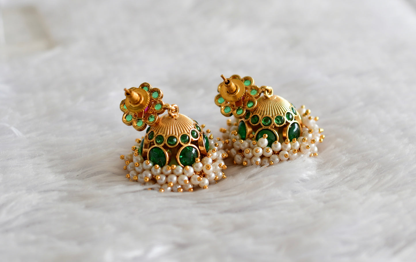 Matte finish green-kemp pearl cluster flower jhumkka dj-51859