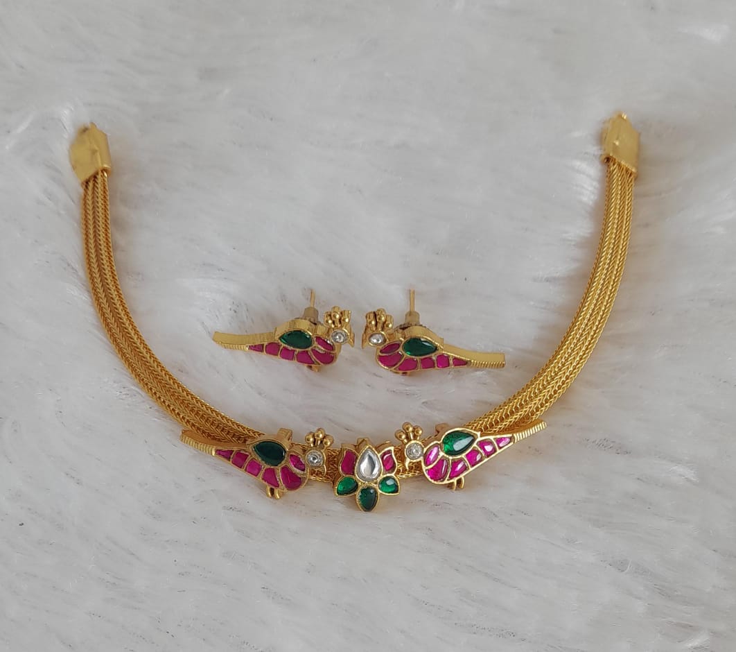 Gold tone pink-green kundan jadau lotus bird choker/necklace set dj-35015