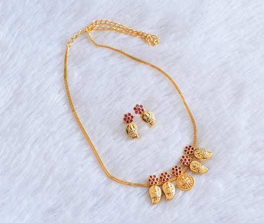 Gold tone pink stone mango lakshmi coin necklace set dj-53043