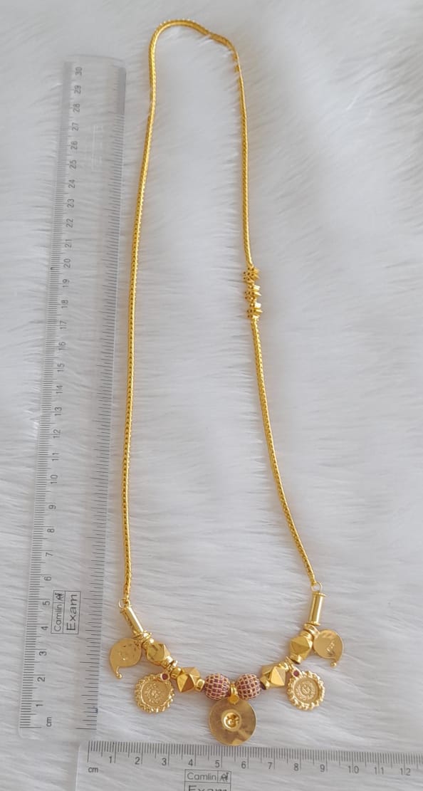 Gold tone white flower mugappu chain with stone mango laksmi coin ruby ball ginni bottu mangalaym dj-44118