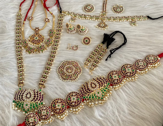 Gold tone precious kemp-green-white pearl lotus bridal set dj-53964