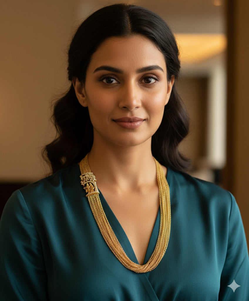 Matte finish cz ruby-green radhe-krishna mugappu chandra haar dj-49291