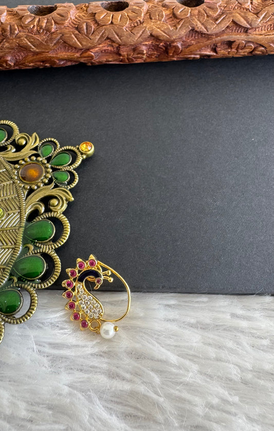 Gold tone pink-blue peacock nose pin Dj-52036