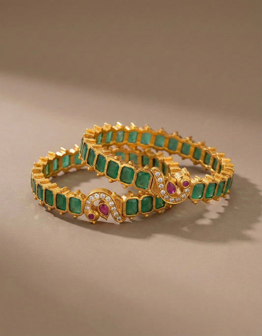 Matte finish emerald block stone peacock bangles(2.4) Dj-36993