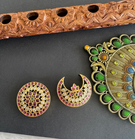 Antique gold tone kemp-green-white sun moon hair jewel dj-52019