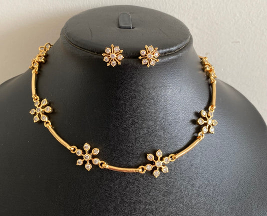 Gold tone white stone flower necklace set dj-53919