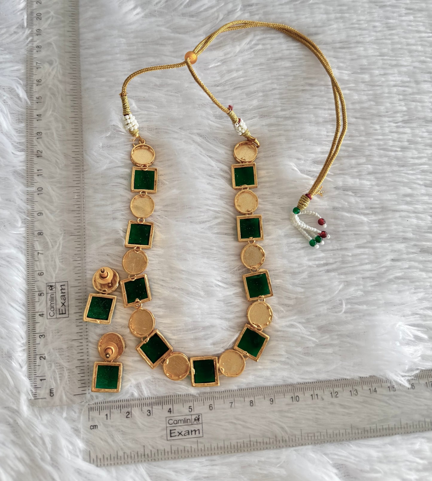 Matte Gold tone green block stone flower necklace set dj-52095