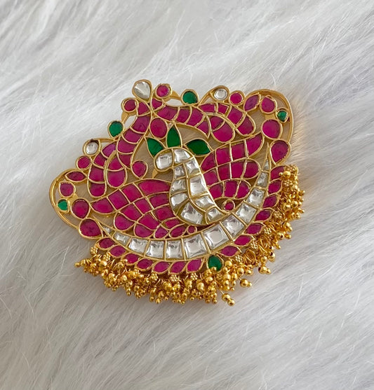 Gold tone pink-green-white kundan jadau peacock pendant dj-54198