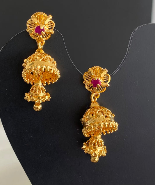 Gold tone pink stone flower screw back step jhumkka-dj52886