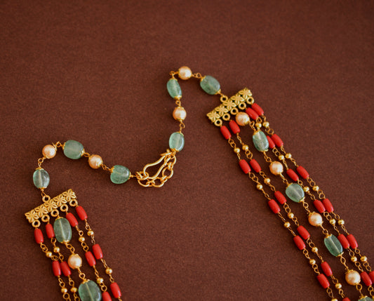 Antique gold tone flower coral-green-pearl beaded multilayer necklace dj-52695