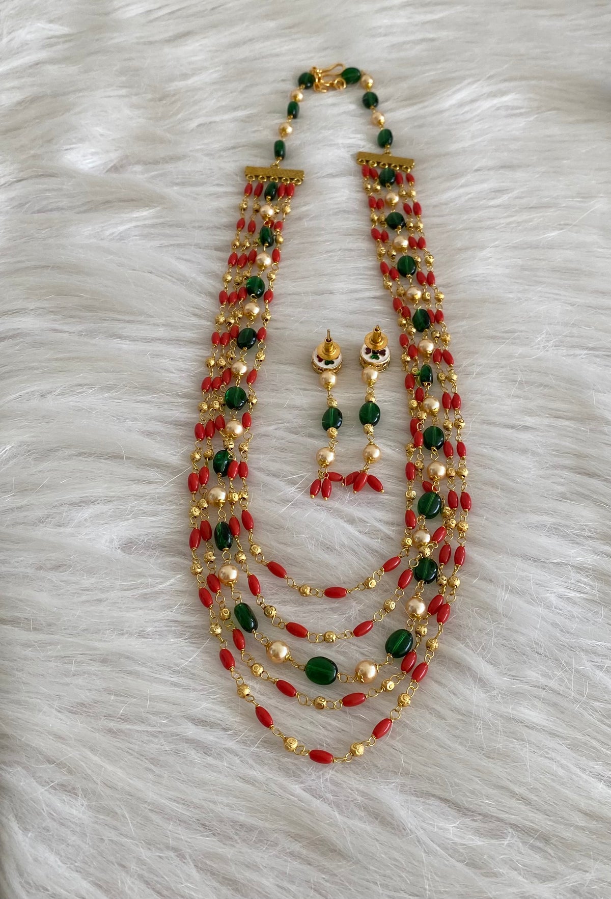 Antique gold tone multilayer coral-green beaded necklace set dj-54985
