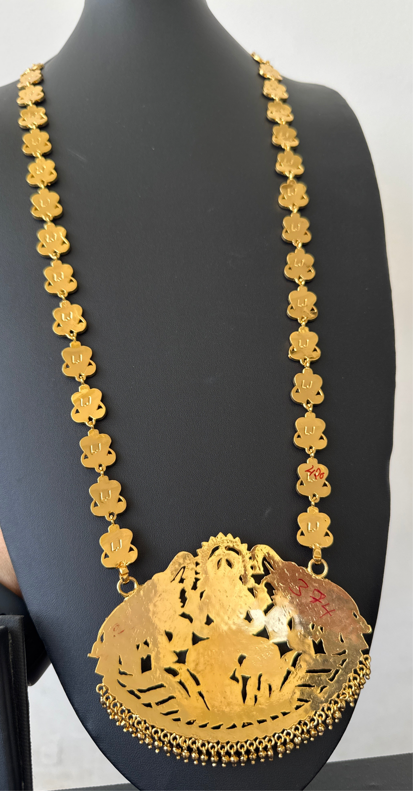 Gold tone south indian style grand AD pink-green-white gaja lakshmi haar dj-50492