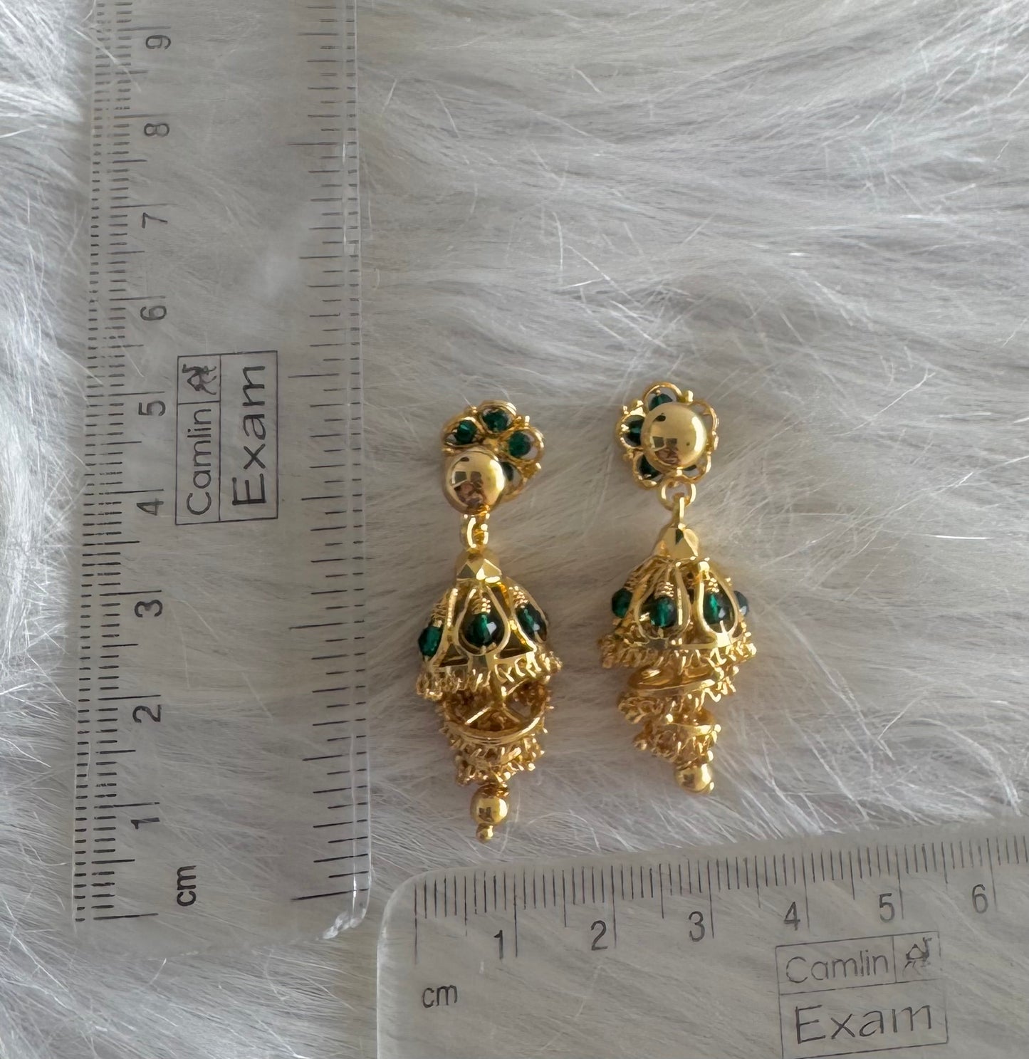 Gold tone green beaded step jhumkka dj-51281