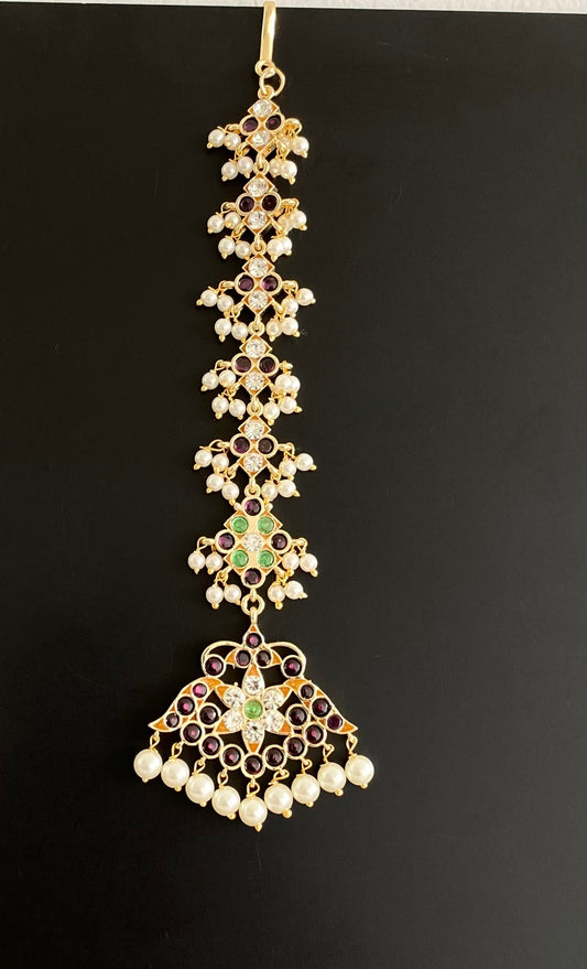 Gold tone precious kemp-green-white pearl flower tikka dj-53927
