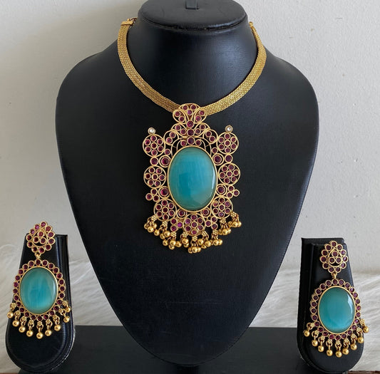 Matte finish big sea green oval stone pendant choker necklace set dj-53990