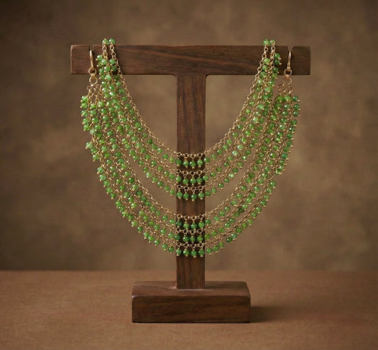 Antique gold tone sea green beaded multi layer ear side chain dj-52635