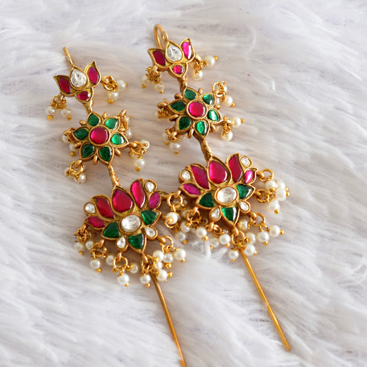 Gold tone pink-green kundan jadau lotus bugadi earrings dj-51129