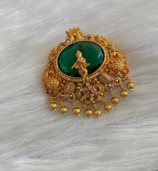 Antique gold tone oval green stone krishna pendant dj-54789