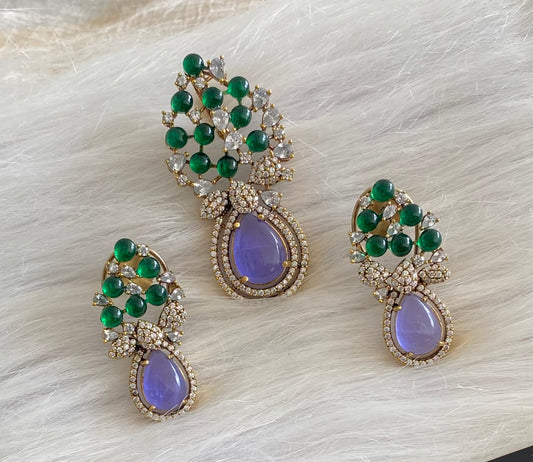 Antique gold tone purple-green-white pendant set dj-53978