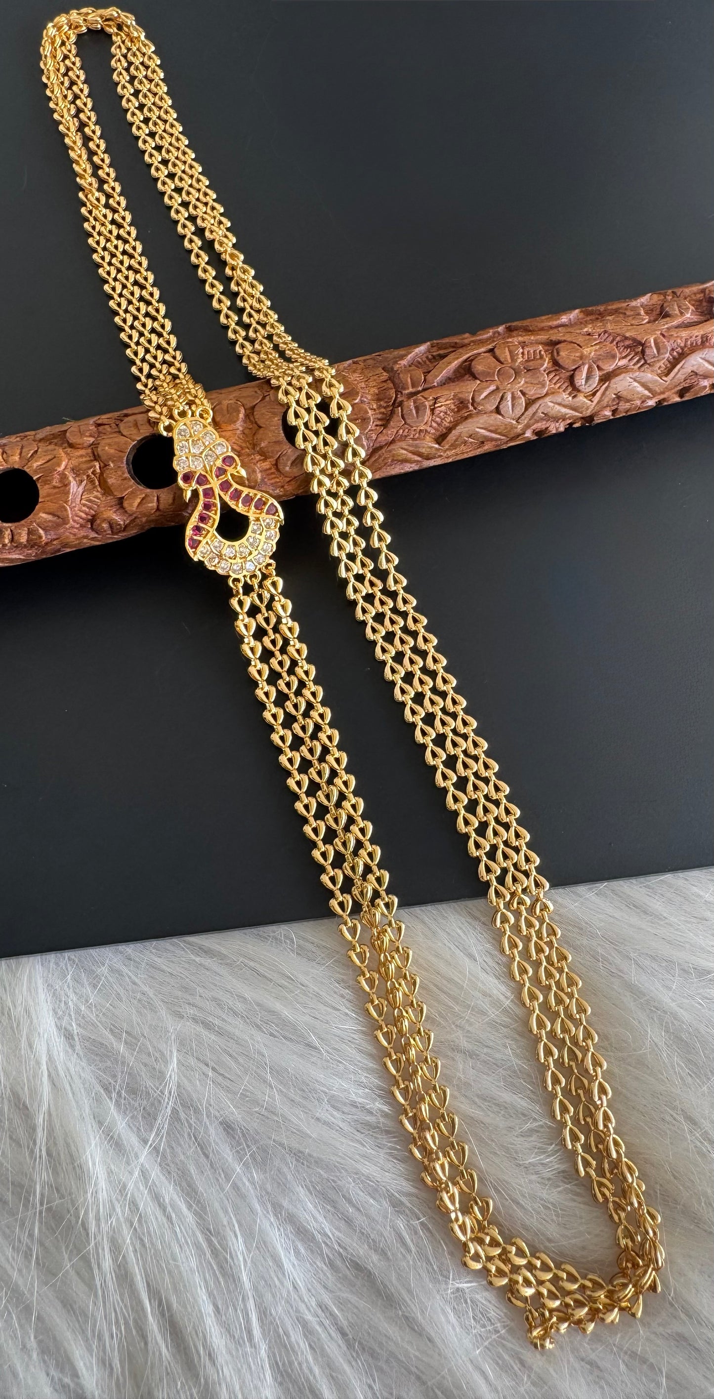 Gold tone 24 inches ruby-white triple layer peacock mugappu chain dj-51268