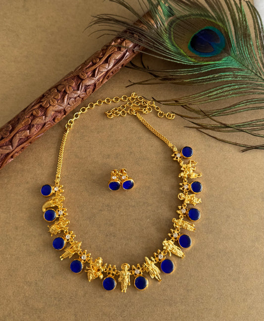 Gold tone blue-white round kerala style dasavathra necklace set dj-51723