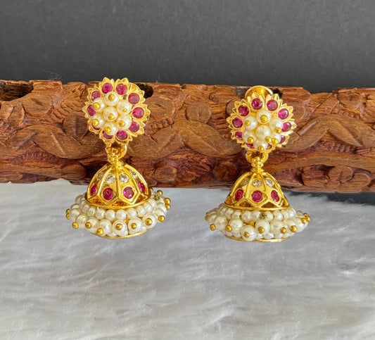 Gold tone ad pink-white stone pearl jhumkka dj-46016