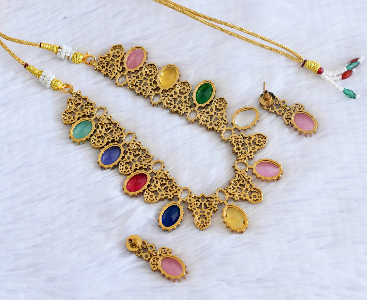 Antique gold tone cz multi colour stone necklace set dj-53016