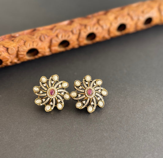 Antique finish cz pink victorian flower stud/earrings dj-51472