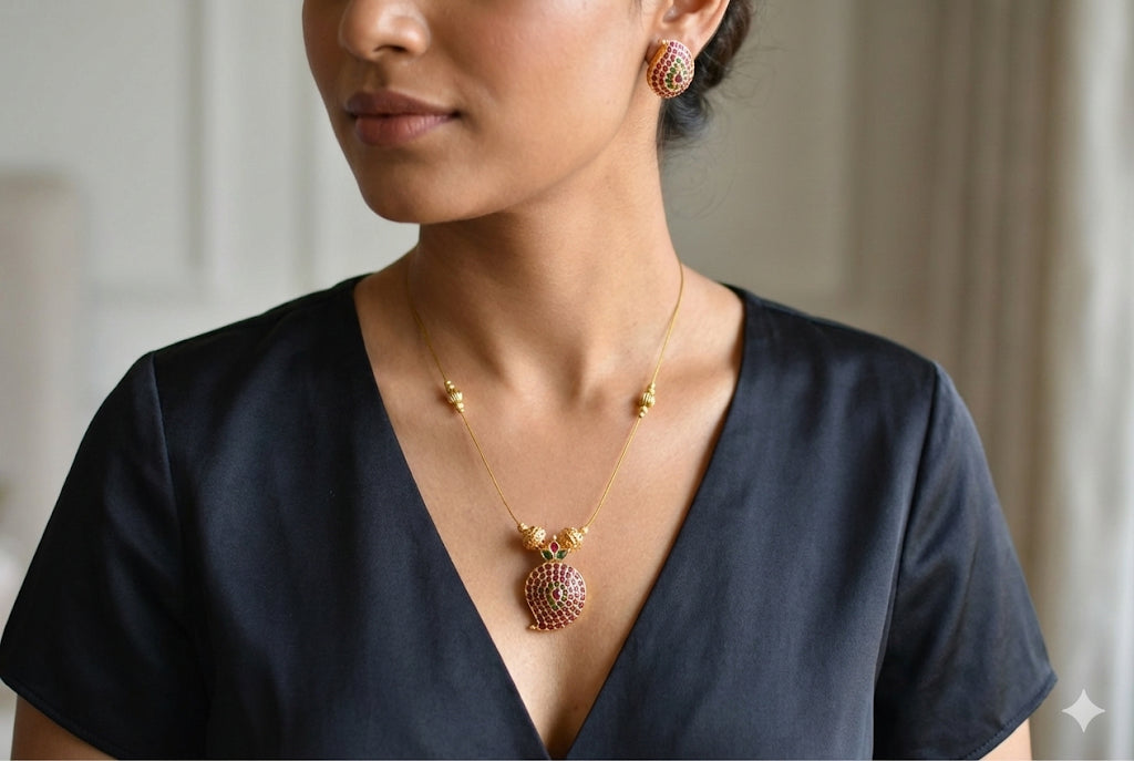 Matte finish ruby-green invisible mango necklace set dj-52414