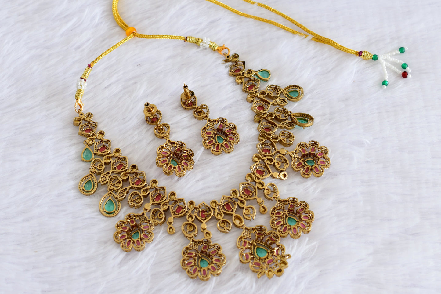 Antique gold tone cz pink-sea green flower necklace set dj-53030