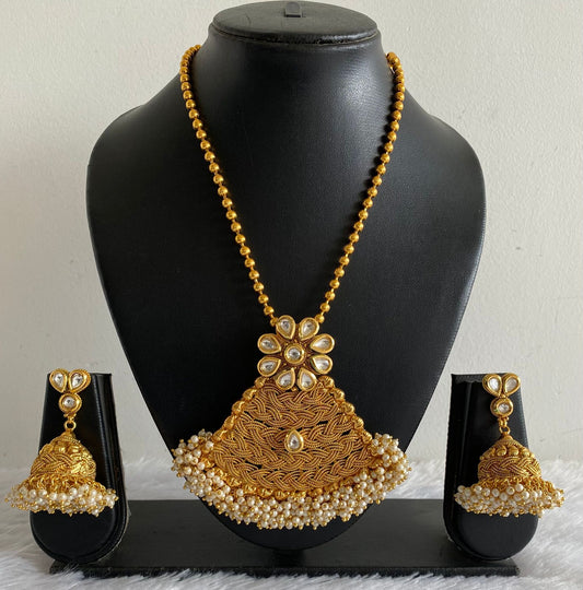 Antique gold tone Pearl Cluster White Kundan Necklace Set-dj07218