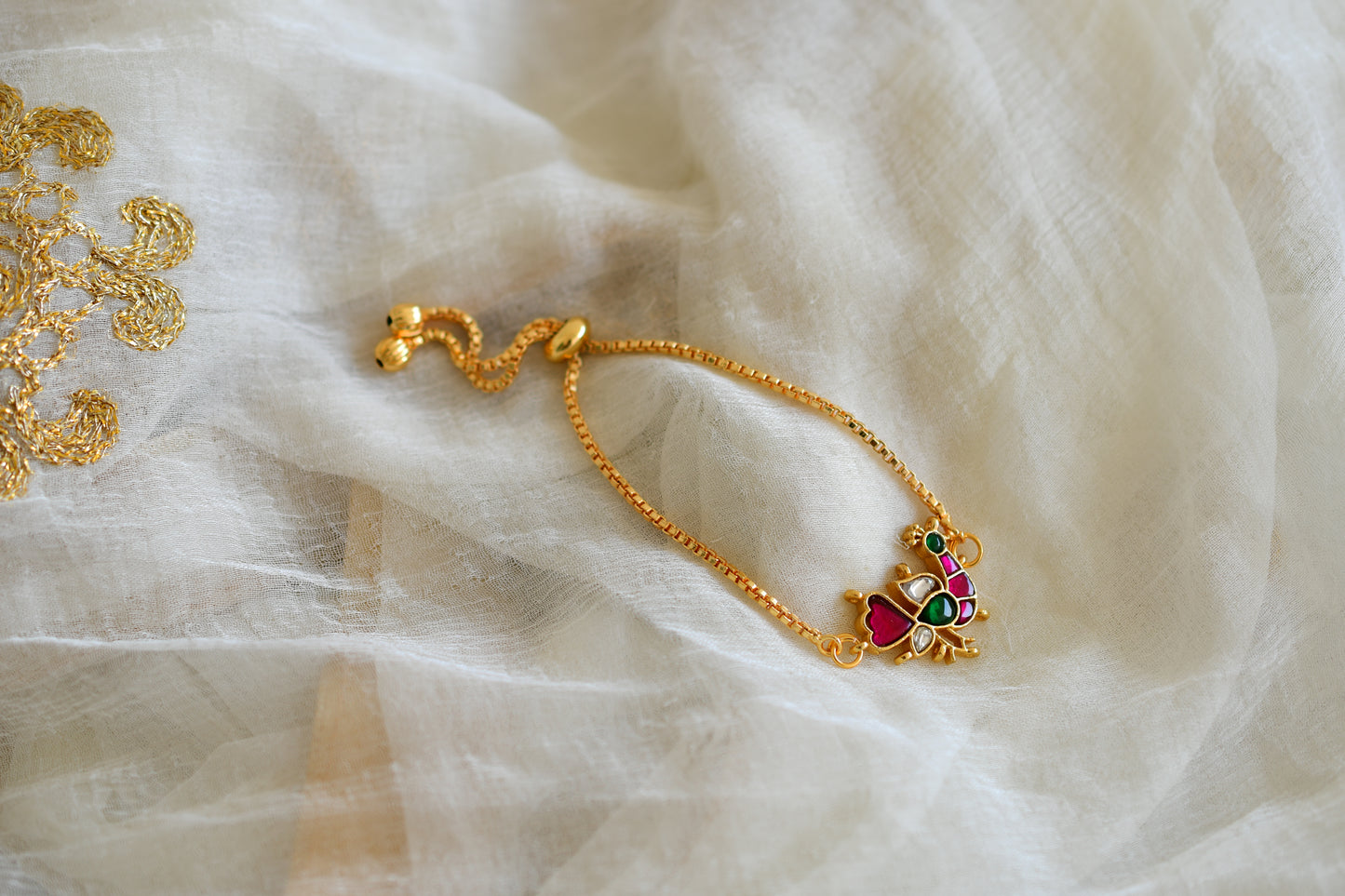 Gold tone pink-green kundan jadau peacock bracelet dj-52671