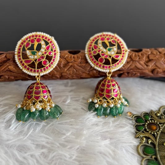 Gold tone pink-green-white kundan jadau green beaded big round peacock jhumkka dj-51509