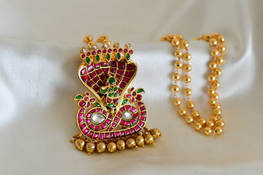 Gold tone pink-green kundan jadau Shri Kalinganarthana Krishna necklace dj-52576