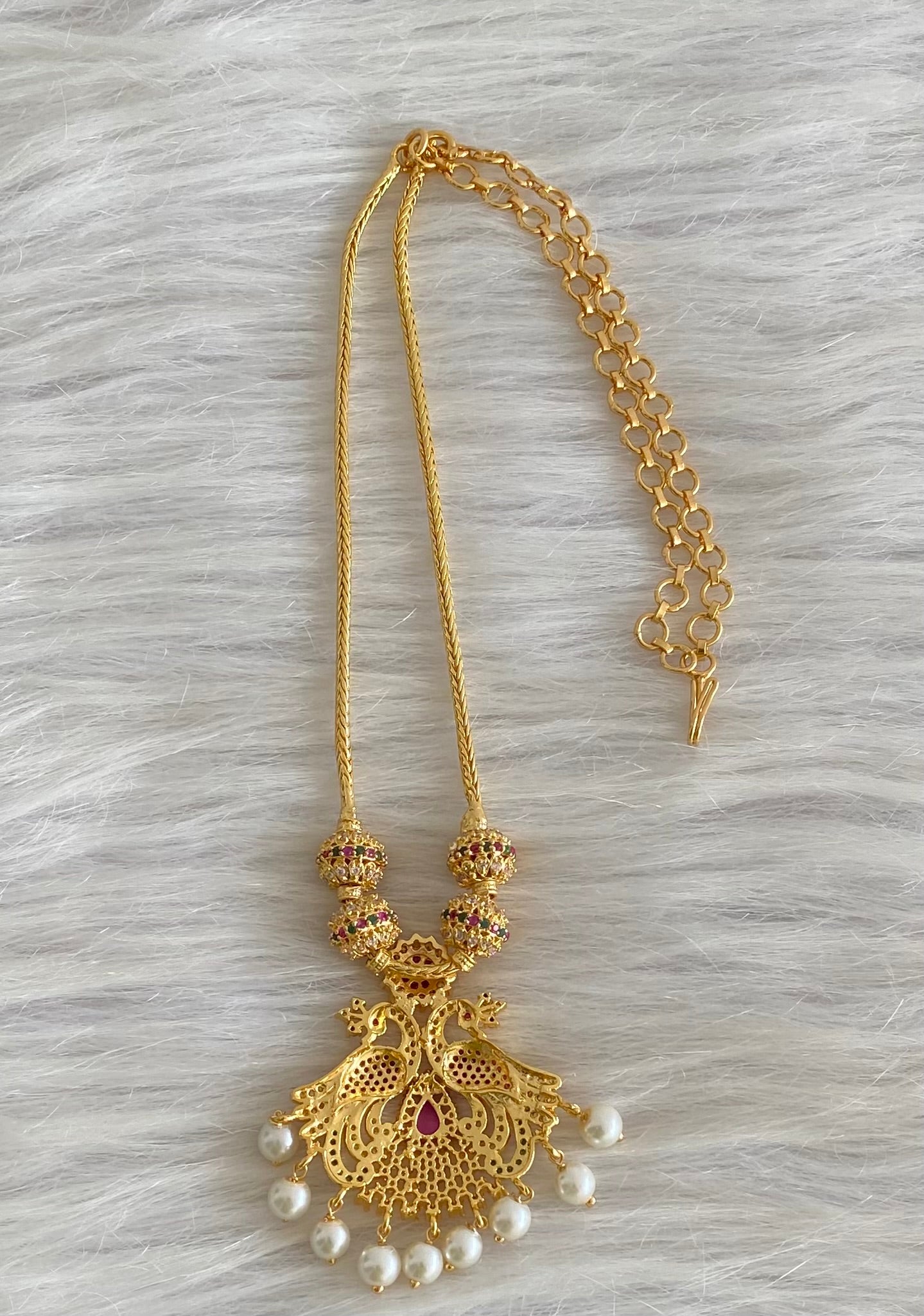 Gold tone ruby-emerald-white stone peacock pearl necklace dj-54241