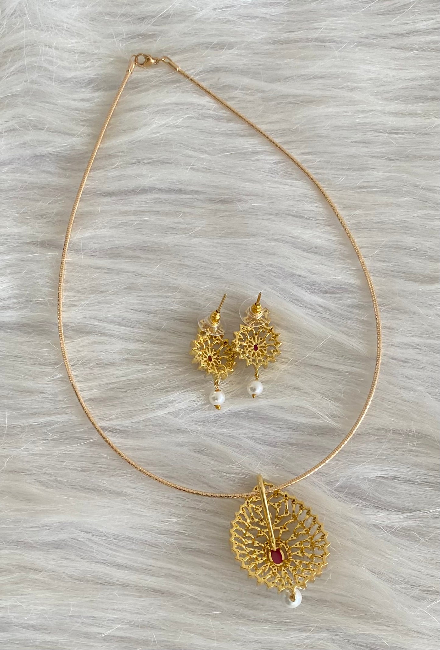 Two tone cz white-pink pearl pendant set with kanti necklace dj-54245