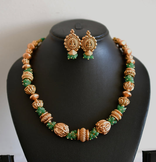 Antique gold tone flower green nakshi beaded necklace set dj-52698